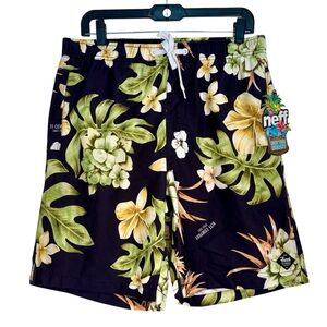 NWT Neff Men’s Black Board Shorts Medium Hot Tub Green and Yellow Floral Print
